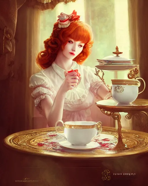 Prompt: maid cafe pouring tea in ornate tea cup, perfect face, bonnet, elegant dress, ginger hair, cinematic, stunning, highly detailed, digital painting, artstation, smooth, hard focus, illustration, art by jessica rossier and and brian froud