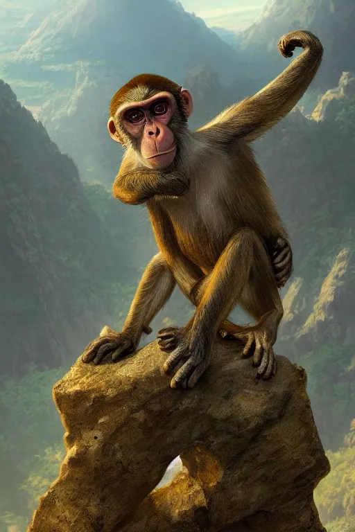 Image similar to a monkey standing at the top of a cliff throwing a bone in the air , dramatic lighting, cinematic, establishing shot, extremly high detail, photorealistic, cinematic lighting, artstation, style by James Gurney