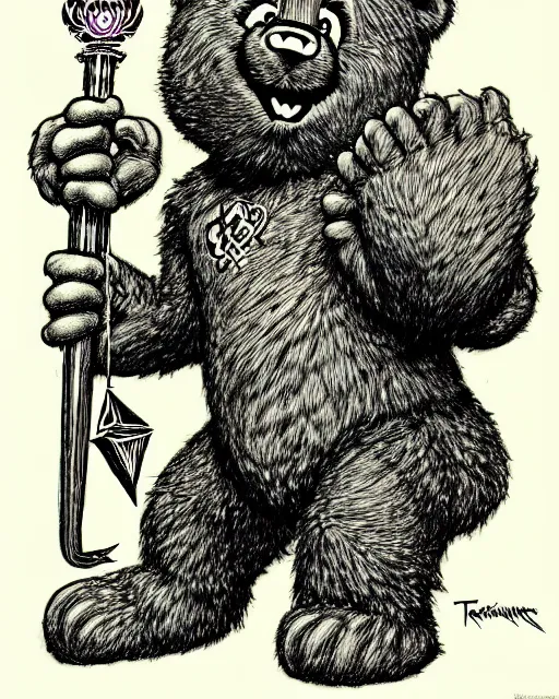 Image similar to a care bear as a d & d monster, on square background, pen - and - ink illustration, etching, by russ nicholson, david a trampier, larry elmore, 1 9 8 1, hq scan, intricate details, high contrast