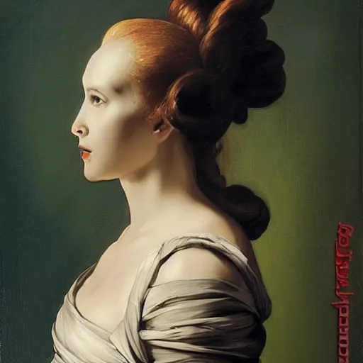 Image similar to by ron garney renaissance painting straight, lavish. a beautiful computer art of a person in profile, with their features appearing both in front of & behind their head.