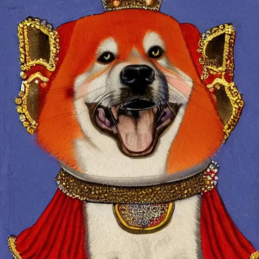 Prompt: female red akita inu dog dressed as a queen in an ornate dress with orange slices pattern, medieval painting