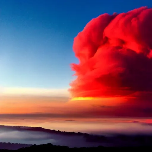 Image similar to a big red voluminous cloud, beautiful scenery, sun dawn, wild,