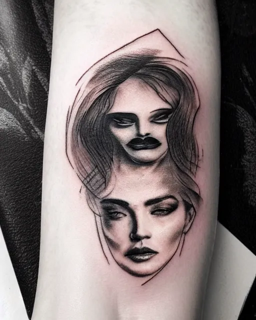 Prompt: tattoo design sketch of a beautiful woman face blended with a faded background of beautiful mountains and nature on her side, hyper - realistic, in the style of den yakovlev, amazing detail, black and white