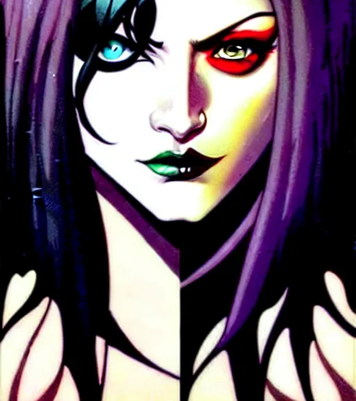 Image similar to artgerm, joshua middleton comic cover art, pretty friendly phoebe tonkin eye of horus painted under one of her eyes, as death sandman comic death appears as a young, attractive, slim, she has very pale skin, dark eyes, long black hair, she prefers to dress casually and she wears black clothing