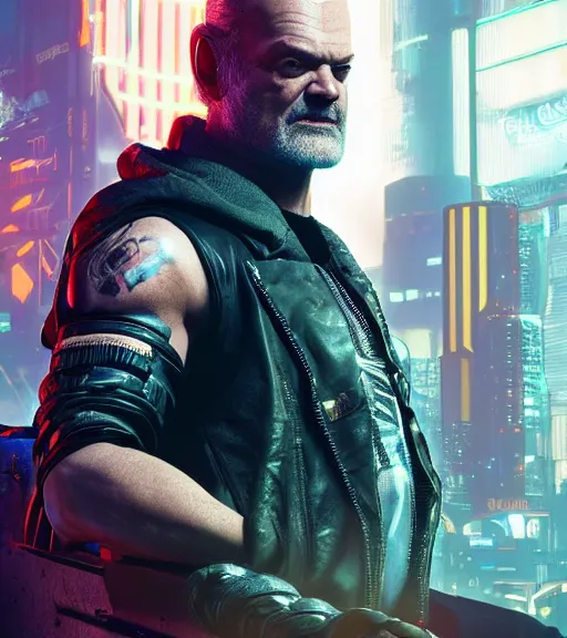 Image similar to cyberpunk 2 0 7 7, charismatic rugged male battle kelsey grammer - mage portrait, clothed in hooded, metal - plated battle armor atmospheric lighting painted intricate volumetric lighting, beautiful, sharp focus, ultra detailed by leesha hannigan, ross tran, thierry doizon, kai carpenter, ignacio fernandez rios