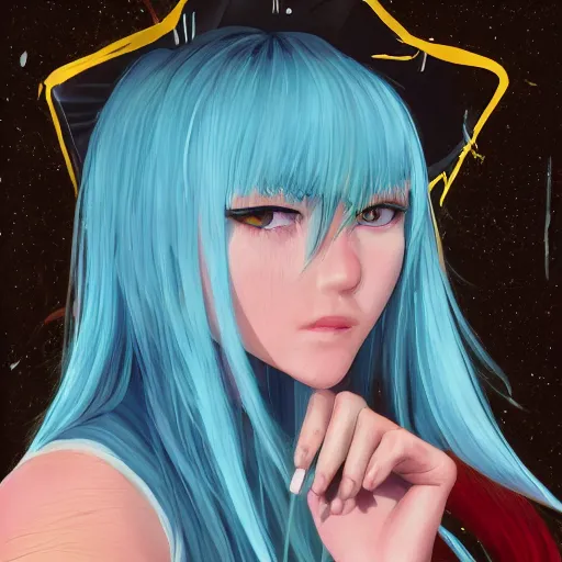 Image similar to full face shot of rimuru tempest, sky blue straight hair, long bangs, with amber eyes, wearing a black jacket, high collar, ultra detailed, concept art, award winning photography, digital painting, cinematic, wlop artstation, closeup, pixiv, evil, yoshitaka amano, andy warhol, ilya kuvshinov,