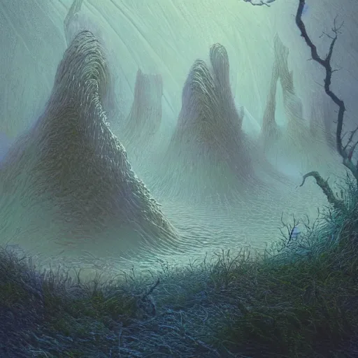 Image similar to artistic digital artwork of an epic natural scene on an alien planet. beautiful landscape by vincent bons, michael whelan, remedios varo and gerardo dottori. grainy and rough. interesting pastel colour palette. beautiful light. oil and water colour based on high quality render.