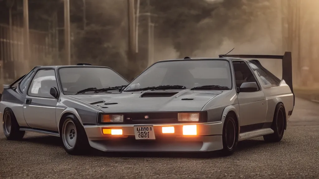 Image similar to a trueno ae 8 6 with pop up headlights, cinematic, long exposure, white balance, 8 k, led, lumen global illumination, fog, ray tracing reflections