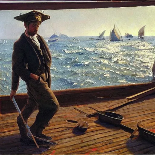 Image similar to painting of cabin boy hyperrealism vasily vereshchagin at harbor