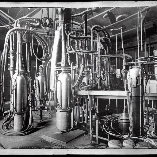 Prompt: old black and white photo, 1 9 1 3, depicting a dieselpunk lab with biomechanical aliens inside vats, historical record