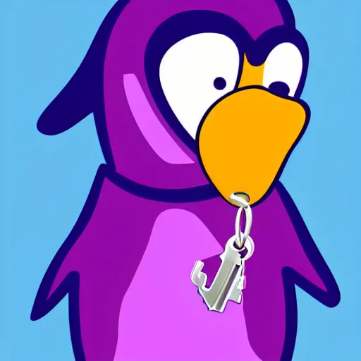 Prompt: 2 d purple penguin holding a key. disney art style. digital art. simple.