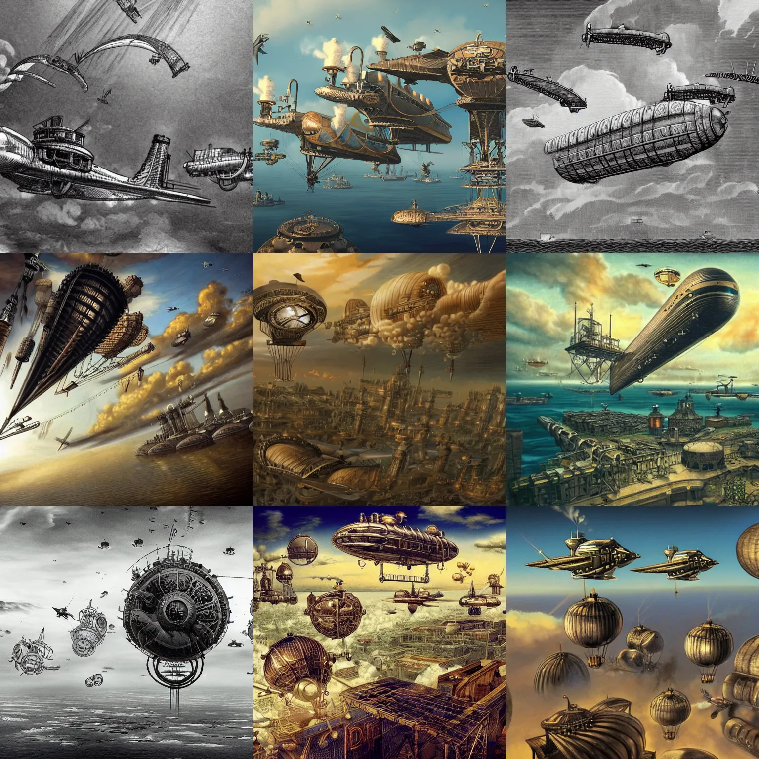 Prompt: endless flying steampunk city in the sky with airships and dirigibles flying above the ocean
