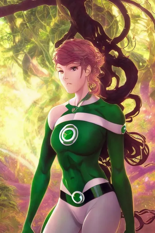 Image similar to anime key visual of a beautiful young female green lantern!! intricate, magical forest, stunning, highly detailed, digital painting, artstation, smooth, hard focus, illustration, art by artgerm and greg rutkowski and alphonse mucha
