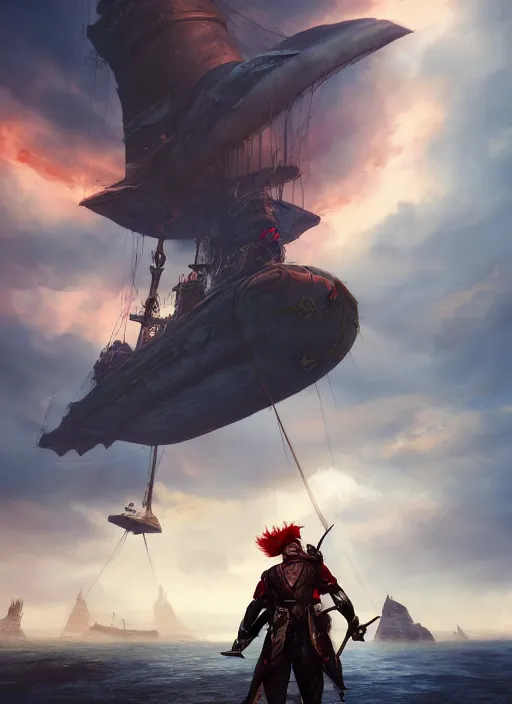 Image similar to An epic fantasy comic book style portrait painting of a red headed male sky-pirate in front of an airship, unreal 5, DAZ, hyperrealistic, octane render, cosplay, RPG portrait, dynamic lighting