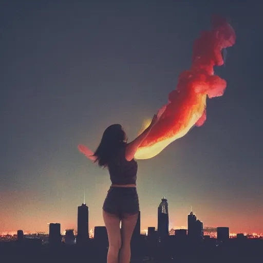 Image similar to a woman up there, cute, city, on fire, photoshop, colossal, instagram, creative and cool, giant, photo manipulation, low angle, smoke, destruction