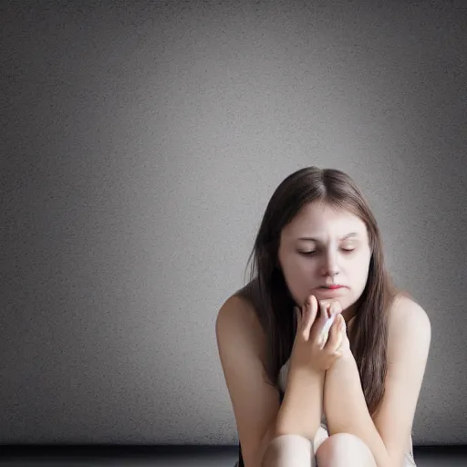 Image similar to a pretty young woman who is very depressed and feeling hopeless sitting in the corner of her room waiting for The End. fractal lighting. machine shadowing. happy image of a mentally unwell young woman. 'happy birthday depressed young woman, hahaha!', worthless soul sitting in the corner of her room.