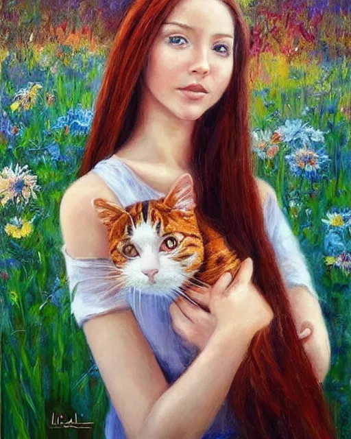 Image similar to a woman with freckled hair holding a cat, a photorealistic painting by Lilia Alvarado, pinterest, art photography, complementary colors, enchanting, lovely