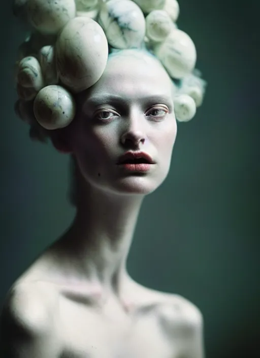 Prompt: cinestill 5 0 d photo portrait of a beautiful hybrid woman in style of tim walker by roberto ferri, weird marble body intricate detailed, hair is intricate gnarled ornament, 5 0 mm lens, f 1. 4, sharp focus, ethereal, emotionally evoking, head in focus, bokeh volumetric lighting, tonal colors outdoor