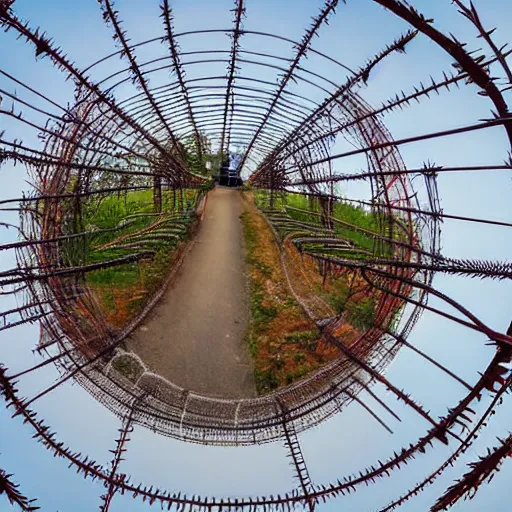 Prompt: a rollercoaster, tracks of barbed wire, birds eye view, hyperrealistic, fisheye