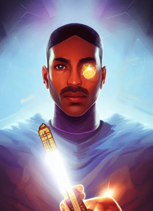 Image similar to symmetry!! brown skin man egyptian prince holding scepter of power, solid cube of light, hard edges, product render retro - futuristic poster scifi, lasers coming from eyes, brown skin man egyptian prince, intricate, elegant, highly detailed, digital painting, artstation, concept art, smooth, sharp focus, illustration, dreamlike, art by artgerm