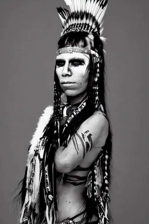 Image similar to Photo of Native American indian woman Yolandi Visser, portrait, skilled warrior of the Apache, ancient, realistic, detailed, Yolandi Visser