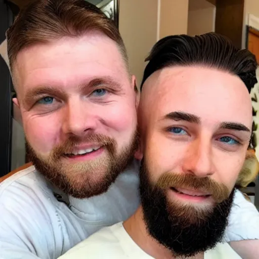 Image similar to a photo of a white man with a mid fade haircut and level 1 clipper beard that is happy with his 3 month year old baby boy.