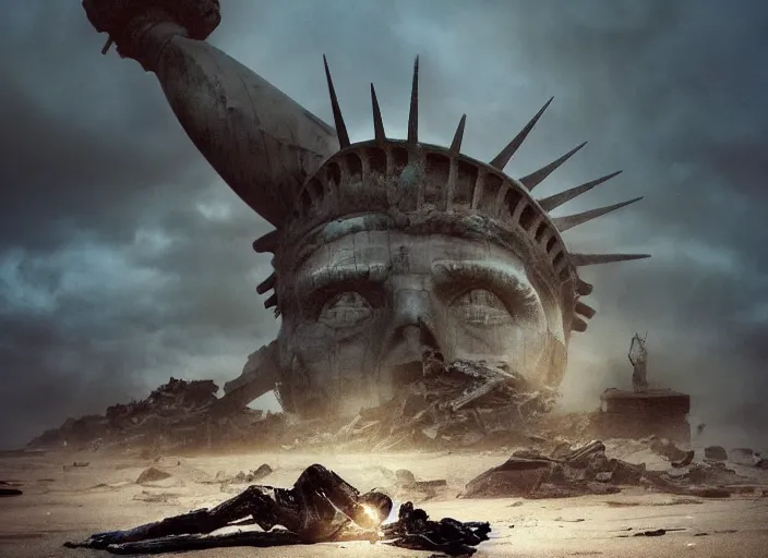 Image similar to a Photorealistic dramatic hyperrealistic render of a ruined destroyed decayed statue of liberty laying in pieces on a desolate beach in a post-apocalyptic world, futuristic nuclear apocalyptic planet of the apes vibe, by WLOP and Artgerm and Greg Rutkowski and Alphonse Mucha, Beautiful dynamic dramatic dark moody lighting, shadows, cinematic atmosphere, Artstation, concept design art, Octane render, 8K, masterpiece