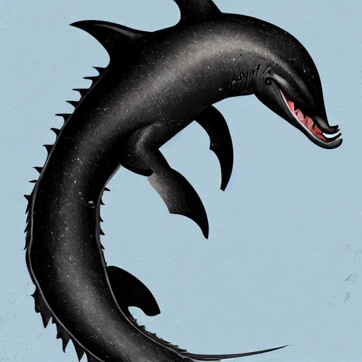 Image similar to hybrid of a dolphin and black western dragon, digital art