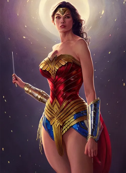 Image similar to Donald Trump as wonder woman, fantasy, intricate, elegant, highly detailed, digital painting, artstation, concept art, smooth, sharp focus, illustration, art by artgerm and greg rutkowski and alphonse mucha