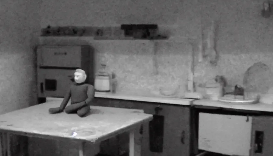 Prompt: a wax puppet in a stalinist style kitchen, mini dv camera found footage, very very low quality picture, heavy grain, caught on security camera, heavy jpeg artifact, night vision very blurry, caught on trail cam, 1 4 4 p, ultra wide lens