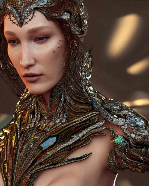 Prompt: a highly detailed metahuman 8 k close up render of bella hadid renaissance in iris van herpen dress schiaparelli in diamonds crystals swarovski and jewelry iridescent in style of alphonse mucha trending on artstation made in unreal engine 4