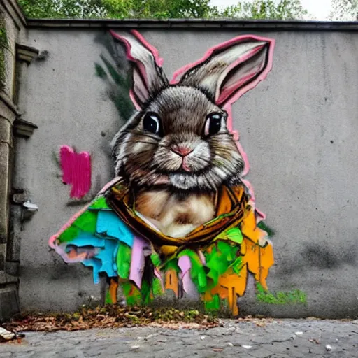 Prompt: street art of a bunny, bordalo ii artstyle