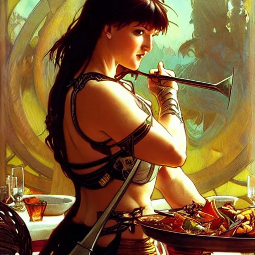 Image similar to xena warrior princess eating at a restaurant art by artgerm and greg rutkowski and alphonse mucha w 7 6 8