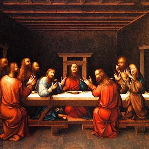 Prompt: foxes in the last supper painting by leonardo da vinci. dramatic lighting, award winning