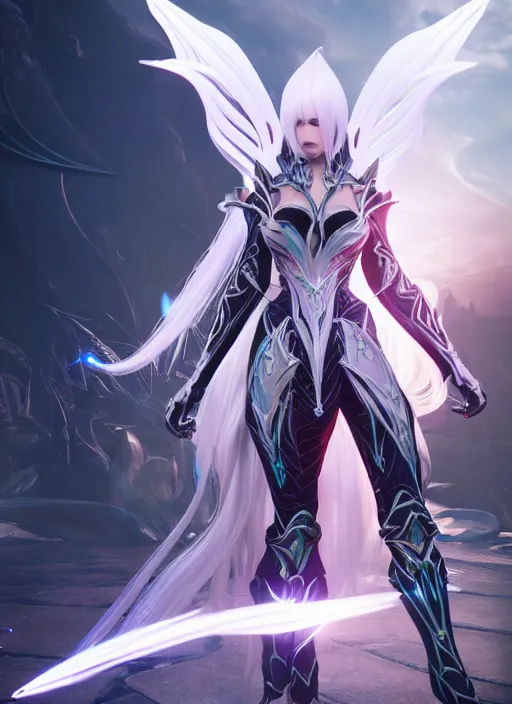 Image similar to photo of a sorceress near mage tower, warframe armor!!, fantasy, white hair, anime, professionally color graded, interesting angle, sharp focus, 8 k high definition, insanely detailed, intricate, intelligent, art by akihiko yoshida and shirotaka