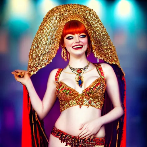 Image similar to a beautiful portrait of emma stone dressed as a belly dancer, arabian night, high quality, fully detailed, 4 k