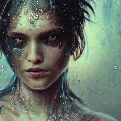 Image similar to portrait of punk cyborg woman, water particles floating in the air, finely detailed facial features, weathered drawing, film grain, painted art by tsuyoshi nagano, greg rutkowski, artgerm, alphonse mucha, spike painting