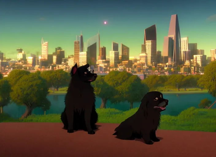 Image similar to a wholesome animation key shot of a black tibetan spaniel, perth city in the background, studio ghibli, pixar and disney animation, sharp, rendered in unreal engine 5, anime key art by greg rutkowski, bloom, dramatic lighting