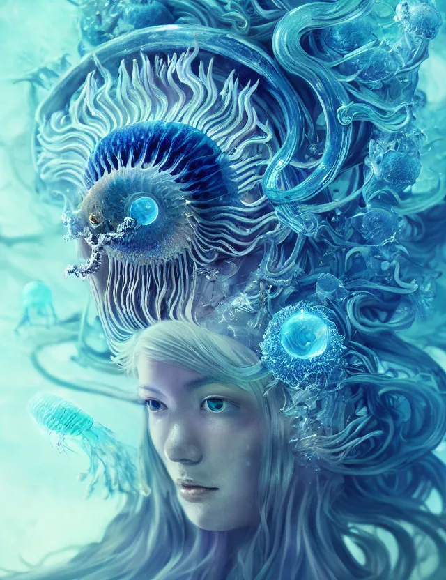 Image similar to goddess macro close - up portrait wigh crown made of ram skull. betta fish, jellyfish phoenix, bioluminiscent, plasma, ice, water, wind, creature, super intricate ornaments artwork by tooth wu and wlop and beeple and greg rutkowski