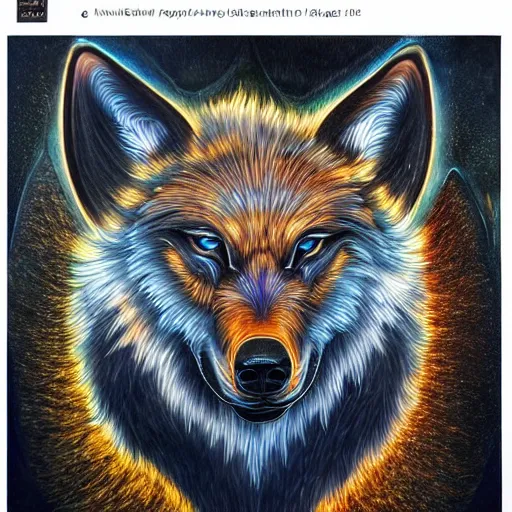 Image similar to spirit wolf made of electricity thunder storm by GEOGLYPHIKS by FABIÁN JIMÉNEZ by MICHAEL DIVINE by AMANDA SAGE in the style of oil painting visionary art, intricate oil painting artwork. , trending on artstation, very coherent symmetrical artwork, oil painting