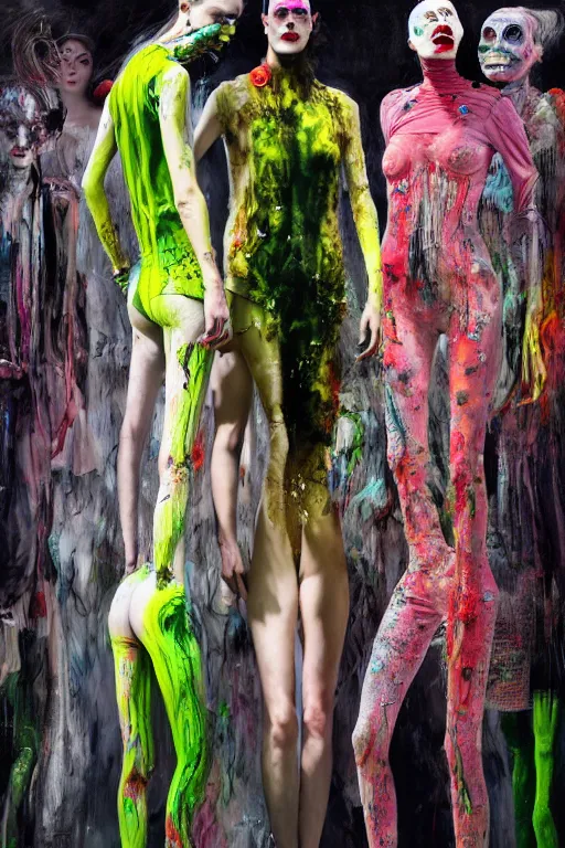 Image similar to crazy fashion catwalk, one model, crazy clothes, biopunk style, horror, clothes look like slime, hauntingly surreal, highly detailed painting by francis bacon, edward hopper, adrian ghenie, gerhard richter, and james jean soft light 4 k,