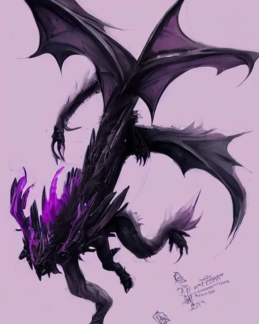 Image similar to concept art of a black dragon with purple neon wings, highly detailed painting by dustin nguyen, akihiko yoshida, greg tocchini, 4 k, trending on artstation, 8 k