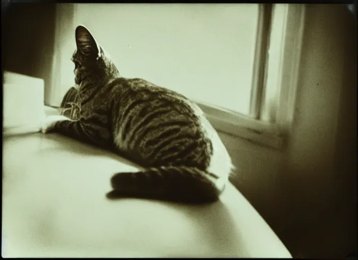 Image similar to photography polaroid of a Jack Cat . watching outside the window. on a bed. in a 70's room full of vinyls and posters, photorealistic, award winning photo, 100mm, sharp, high res