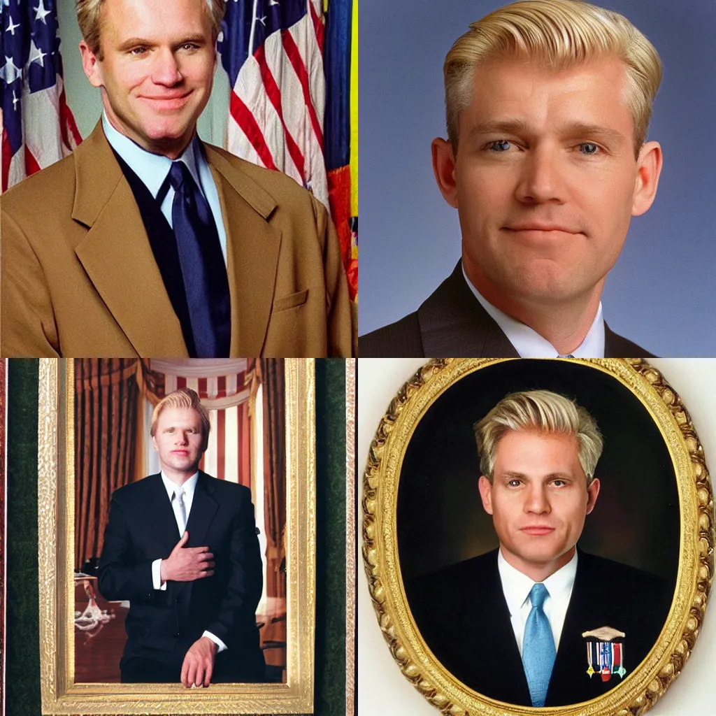 Prompt: Official Portrait of the President of the United States, 1998. He is a 45 year old white man with blonde hair and a handsome face.