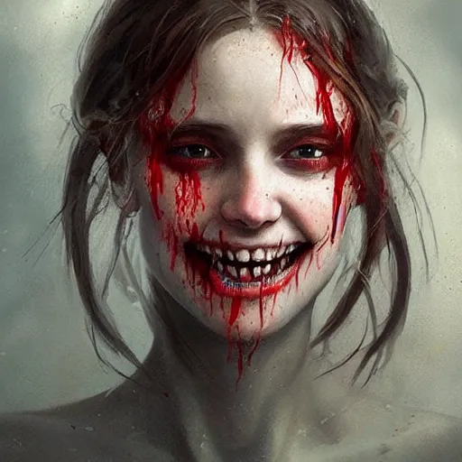 Prompt: epic portrait of a beautiful girl with an unnaturally wide smile, high detail, horror smile, sharp focus, beautiful!, scary!, bloody, dewy skin, ethereal, painting, concept art, warm lighting, greg rutkowski