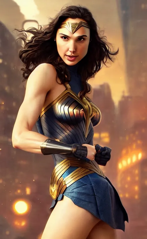 Image similar to gal gadot, hero pose, medium shot, bokeh, beautiful face!!!!, cg animation, lifelike, animated, realistic, character select portrait, by artgerm, greg rutkowski, alphonse mucha, 3 d