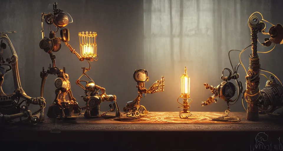 Image similar to a beautiful tapestry, a small robot playing 3 d chess, ultra detailed, atmospheric lighting, steampunk, moody, candles, characters from machinarium, by don bluth, trending on artstation, octane render, 8 k, ultra realistic