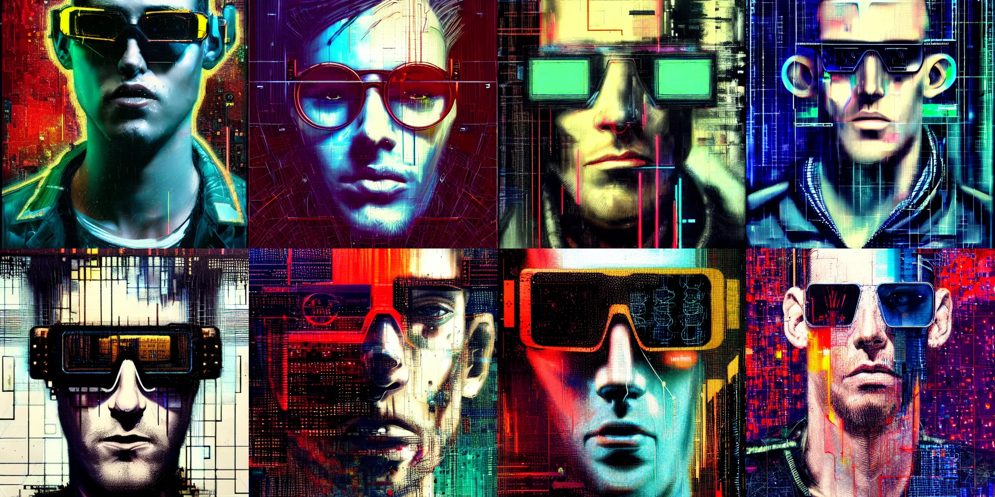 Prompt: hyperrealistic portrait of a cyberpunk character that can see the future, male, by Guy Denning, Johannes Itten, Russ Mills, glitch art, retro, hacking effects, glitch effects, cyberpunk sunglasses, detailed lines, polished, smooth, color blocking, oil on canvas, highly detailed, artistic, front view, symmetrical, octane, concept art, abstract, 8k, cinematic, trending on artstation