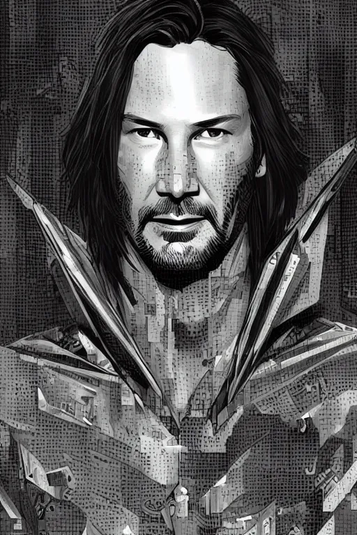 Prompt: comic book illustration, portrait of keanu reeves done as a louise nevelson sculpture, cyberpunk concept art by artgerm and Alphonse Mucha and Moebius, highly detailed, intricate, sci-fi, sharp focus, Trending on Artstation HQ, deviantart