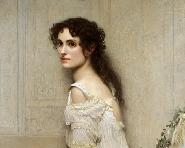 Prompt: portrait en buste of winona ryder kiera knightley in repose by Hughes Merle, by Pierre Auguste Cot, perfect detailed eyes, realistic fabric, abundant detail, kiera knightley